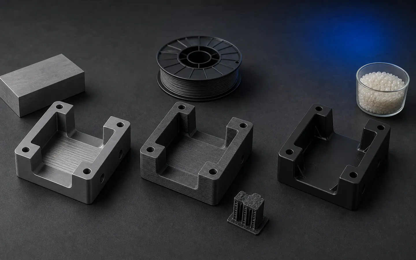 Matching ABS housings show machined faces, FDM layer lines and smooth molded ribs beside billet, filament and resin pellets.