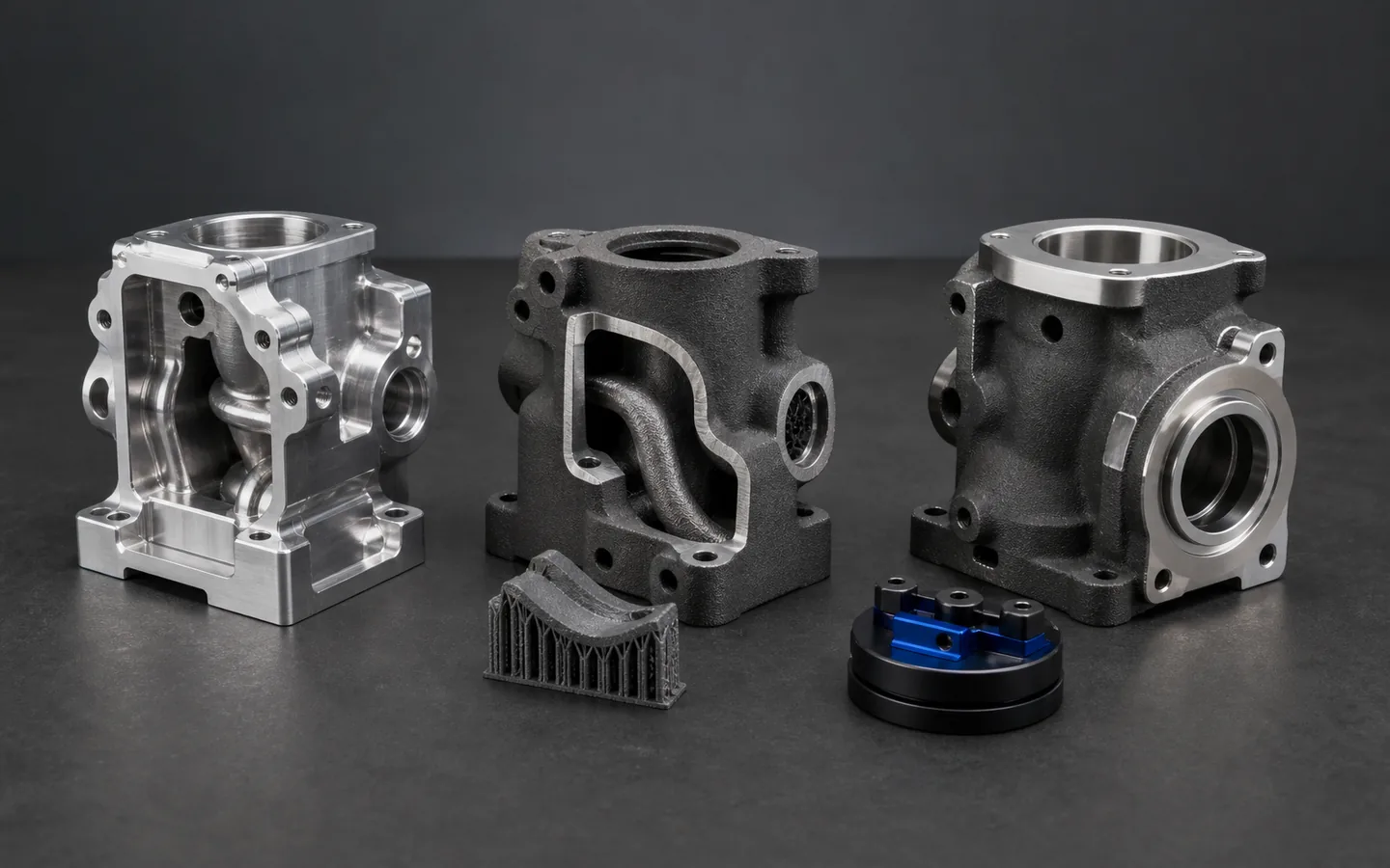 Matching machined, additively manufactured and hybrid housings show open channels, textured surfaces and machined interfaces.