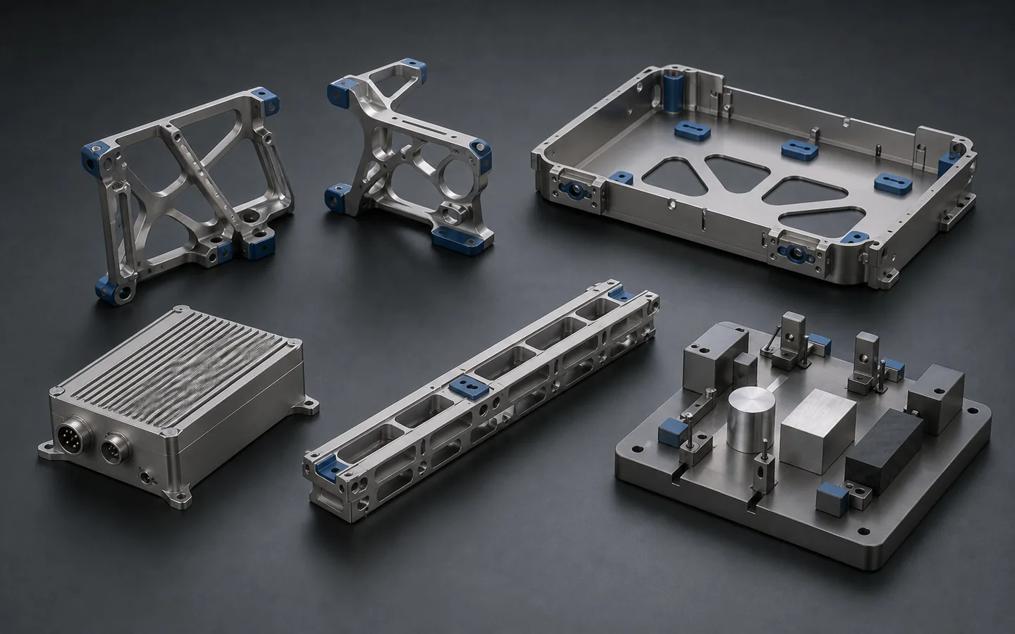 Lightweight brackets, a payload tray, an enclosure and a ground fixture represent distinct aerospace and UAV component contexts.
