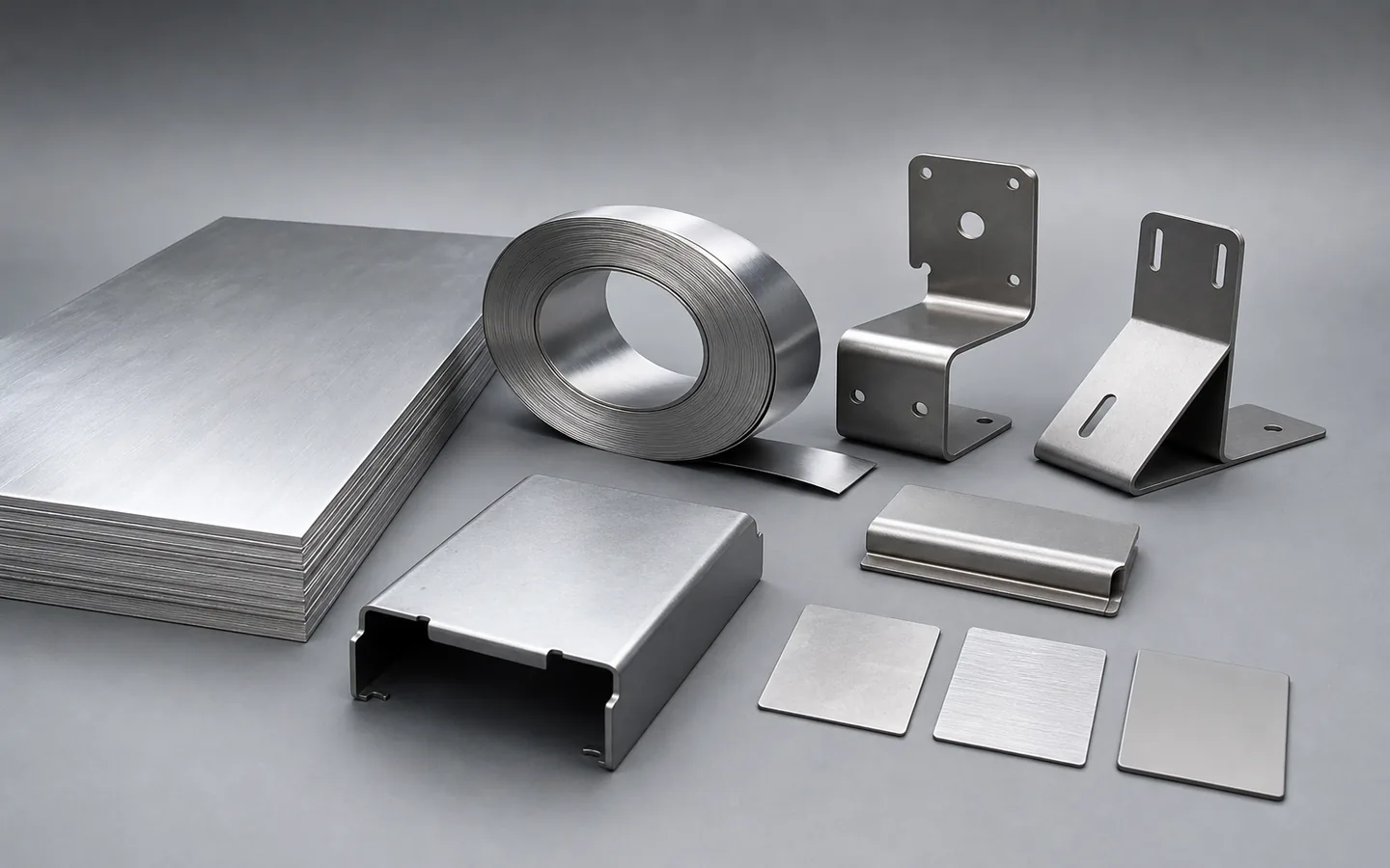 Aluminum sheet and coil samples sit beside bent brackets, an enclosure panel, a joined coupon and finish samples.
