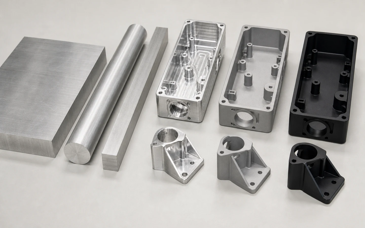 Aluminum plate, bar and machined housing and bracket examples shown in natural, bead-blasted and matte-black surface conditions.
