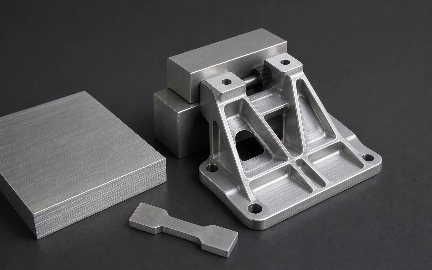 Directional aluminum plate sample beside a lightweight machined bracket with pockets, ribs, datum faces and a generic mating block.
