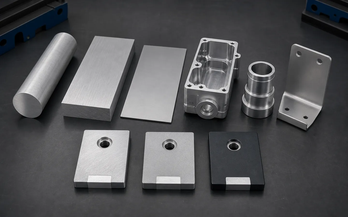 Aluminum bar, plate and sheet sit beside a machined housing, turned sleeve, bent bracket and three finish coupons.