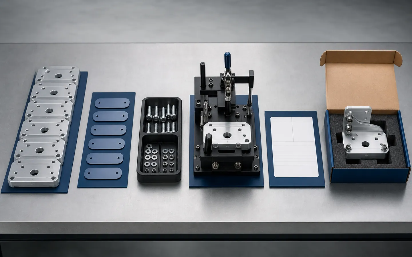 Machined base plates, finish coupons, hardware tray, assembly fixture, blank review card and packaged bracket assembly.