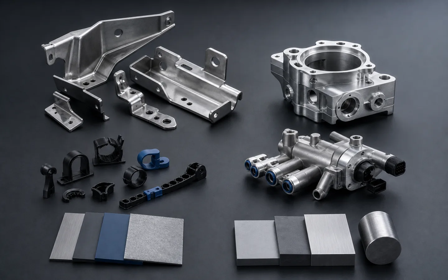 Generic brackets, a machined housing, molded clips and a thermal manifold represent several automotive subsystem component routes.