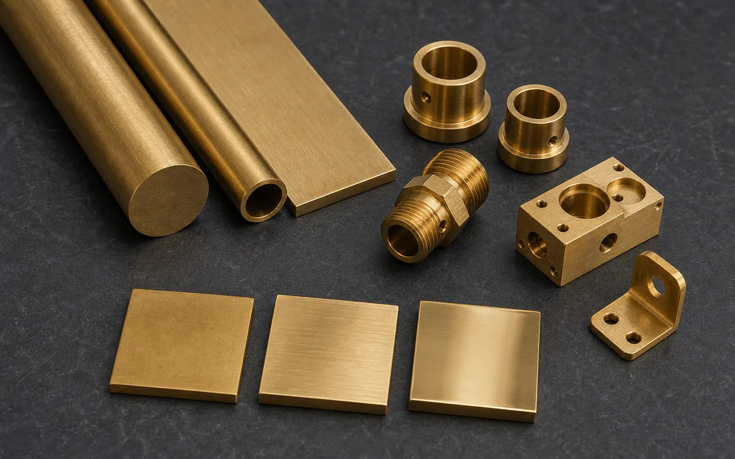 Brass bar, tube and sheet sit beside turned bushings, threaded body, milled block, formed bracket and finish coupons.