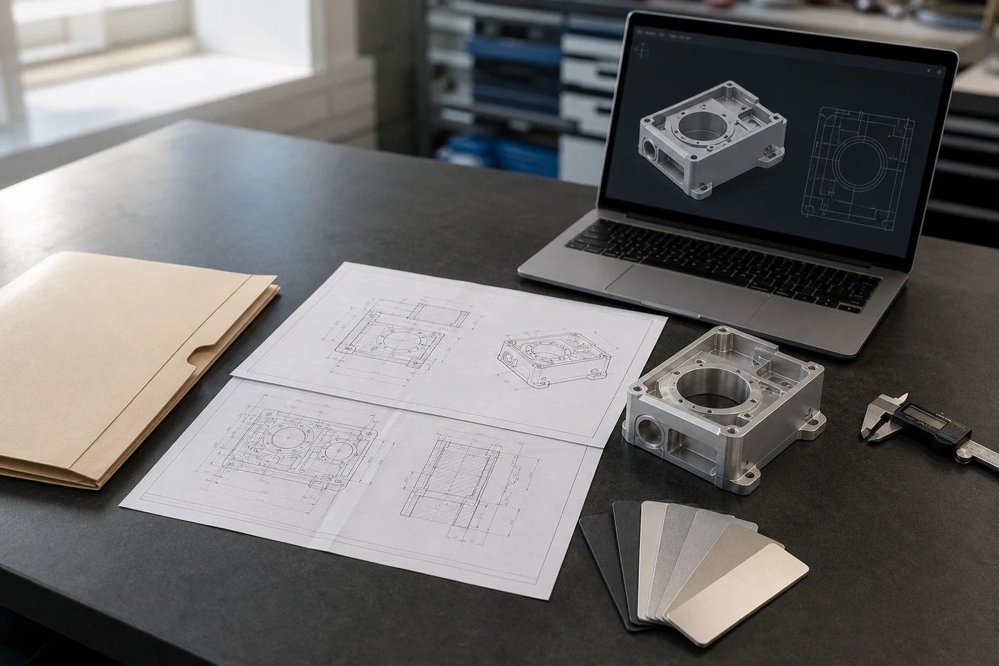 CAD model, matching drawing and machined housing beside a caliper, material samples and organized file folder.
