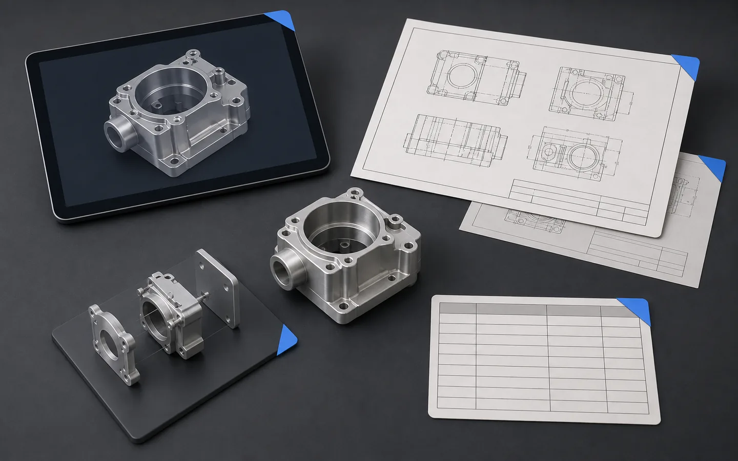 Machined housing shown as a matching solid model, drawing package, exploded assembly, revision set and blank bill-of-materials grid.