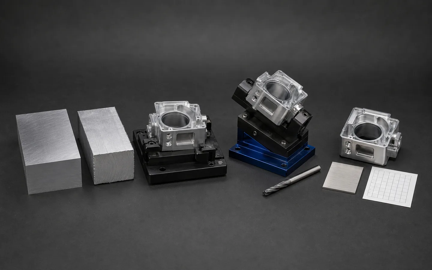 Raw aluminum stock, a housing in two machining fixtures, long-reach cutter, finished housing, finish coupon and blank inspection grid.