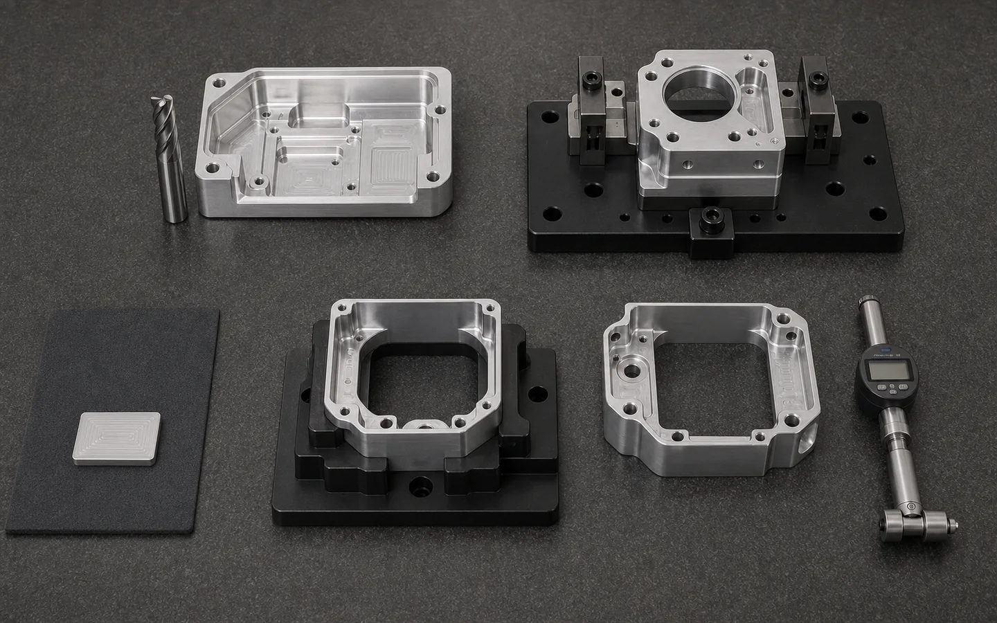 Four CNC review stations showing a deep pocket and end mill, datum fixture, thin-wall support nest, and finished housing with bore gauge and finish coupon.