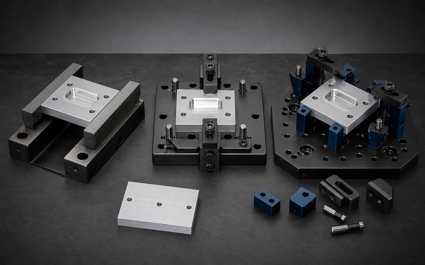 A generic machined part sits in standard jaws, a dedicated fixture and a modular locating setup with clear access.