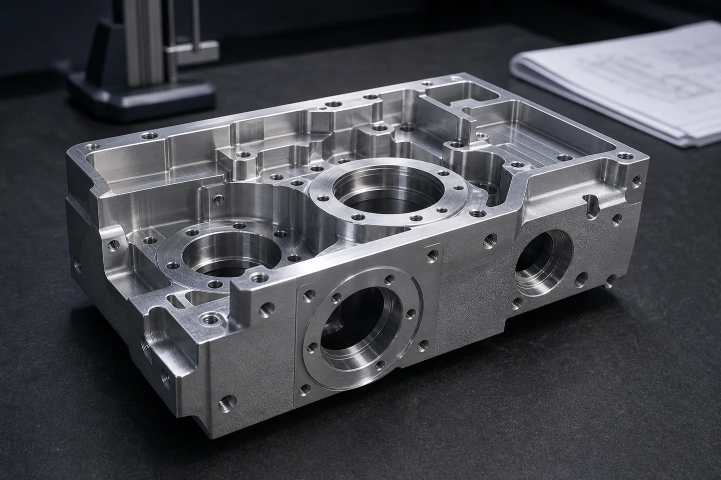 CNC-milled aluminum housing with deep pockets, bearing bores, ribs, threaded holes and machined datum faces.