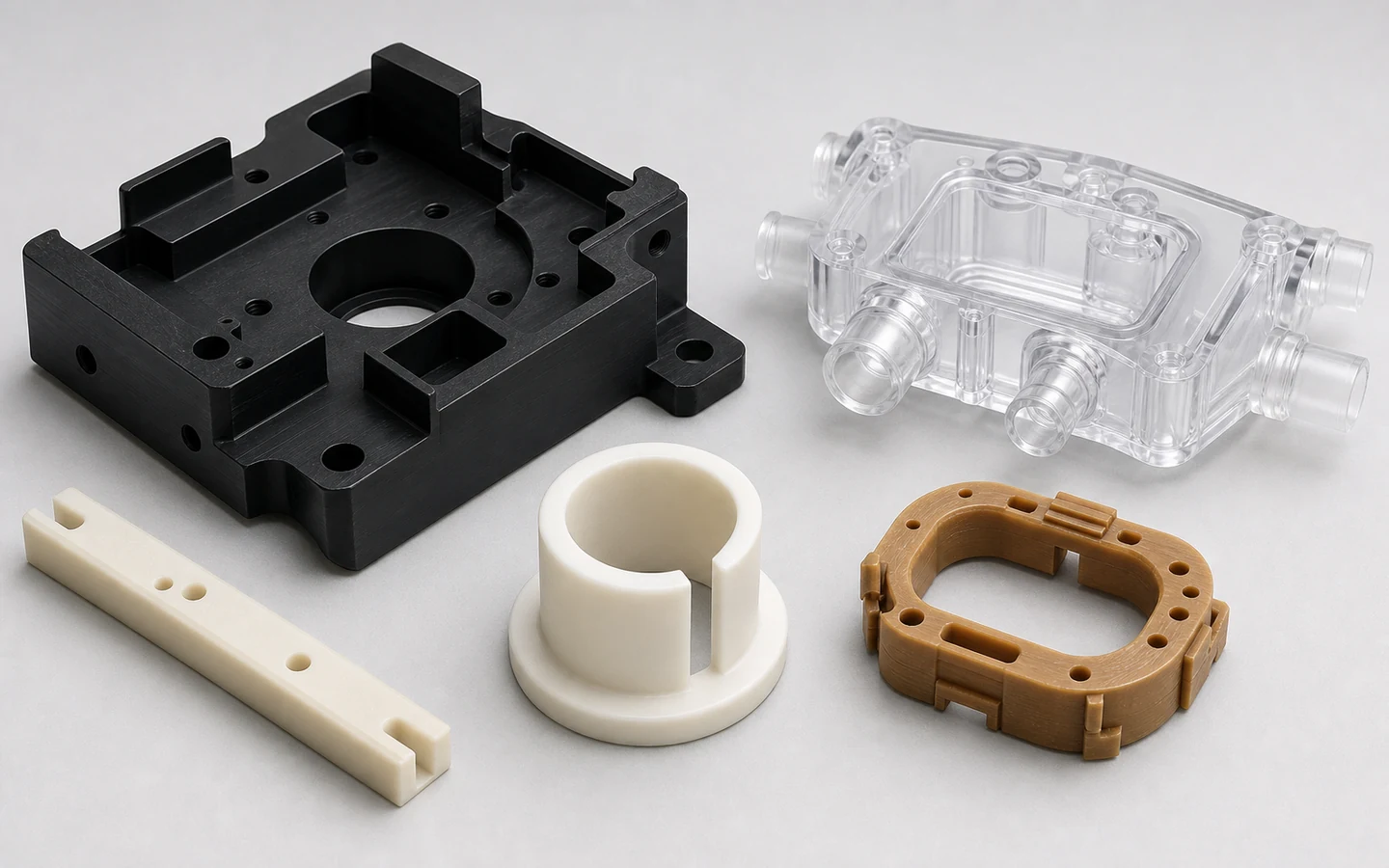 Black, white, amber and clear machined engineering-plastic parts showing pockets, bores, thin walls and finished edges.