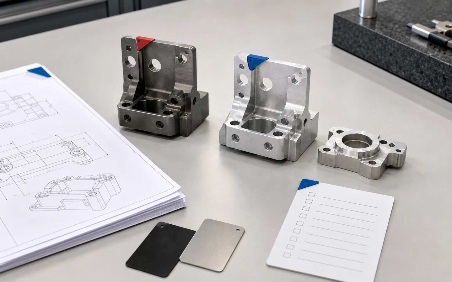 Earlier and current CNC prototype revisions beside a mating component, non-readable drawing packet, blank checklist and finish samples.