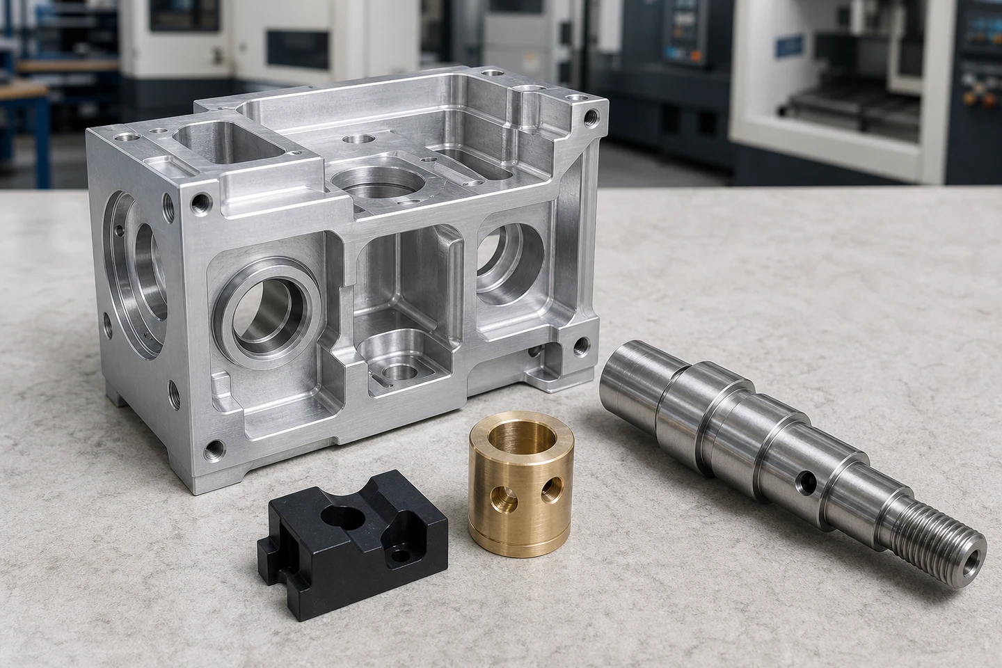 CNC-milled aluminum housing beside a precision-turned shaft, brass bushing and black polymer fixture insert.