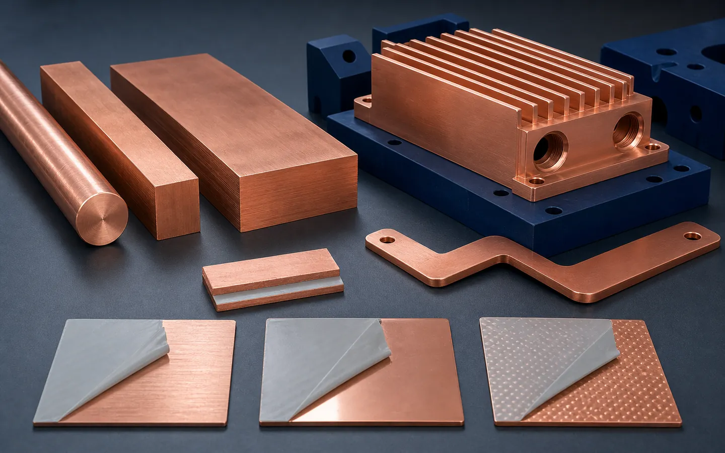 Copper bar and plate sit beside a finned machined block, formed conductor, joined coupon and film-protected surfaces.