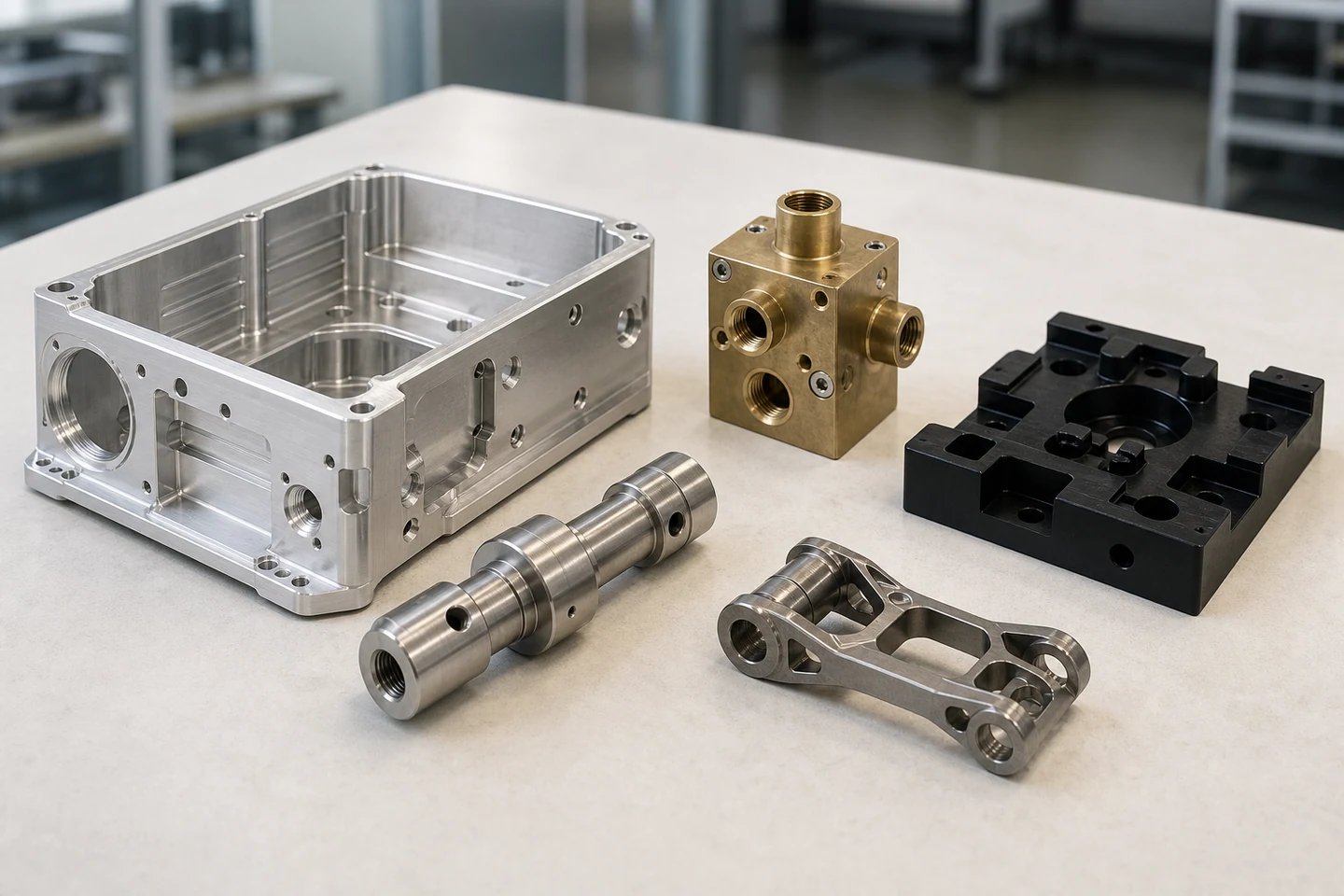 CNC sample set with a milled enclosure, turned shaft, brass manifold, polymer fixture and lightweight linkage.