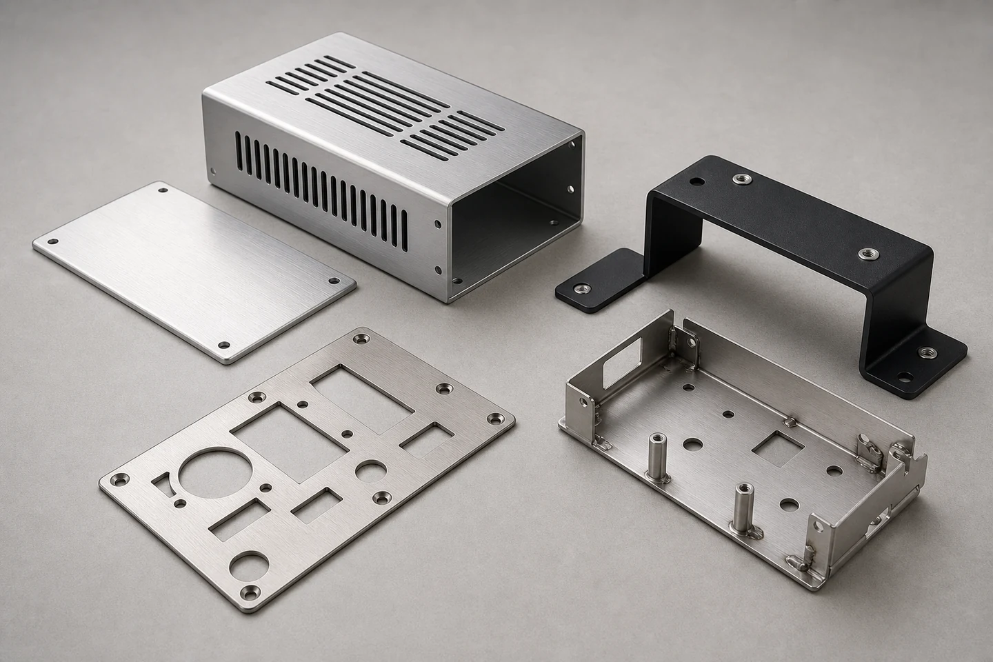Formed aluminum enclosure, powder-coated steel bracket, brushed panels and a welded sheet-metal chassis.