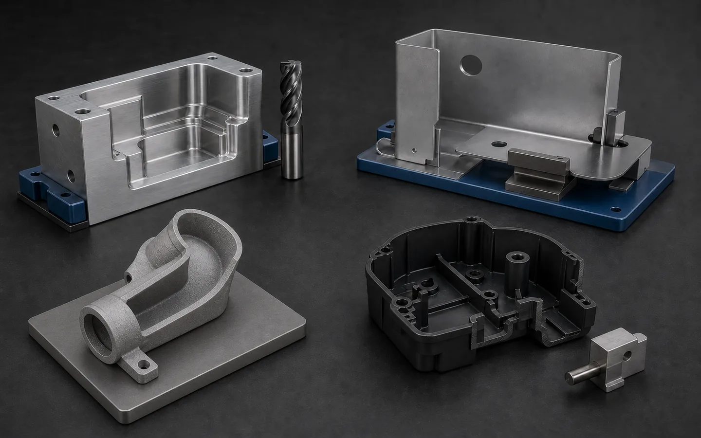 Four DFM review stations showing a CNC pocket and end mill, sheet-metal forming access, open additive duct and molded housing with side-action insert.