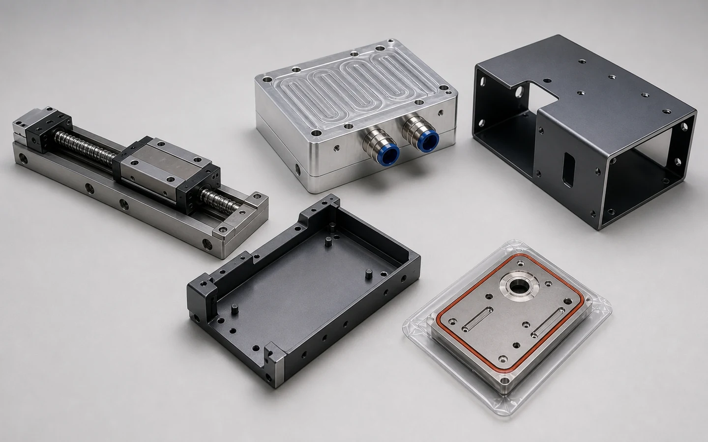 Compact equipment module separated into linear-motion, thermal-fluid, sheet-metal enclosure and protected sensitive-interface assemblies.