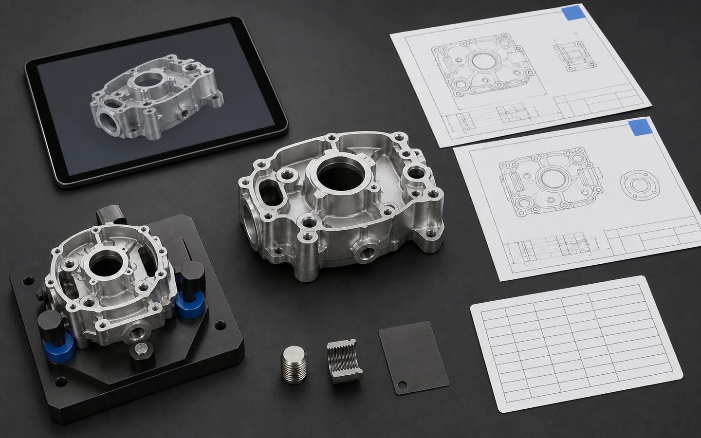 Matching machined housing, solid-model display, revision-layered drawings, datum fixture, thread samples, finish coupon and blank inspection grid.