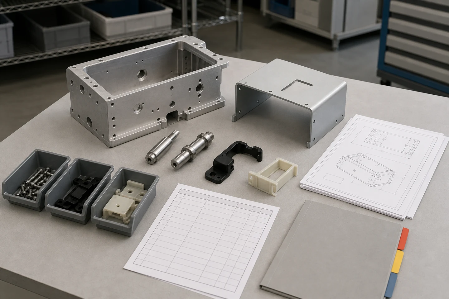 Coordinated enclosure parts arranged with drawings, a BOM sheet, tabbed folder and grouped component trays.