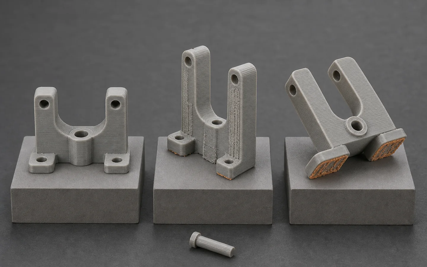 The same gray FDM fixture shown flat, vertical and angled with layer direction, support witness areas, mounting pads and critical bore visible.