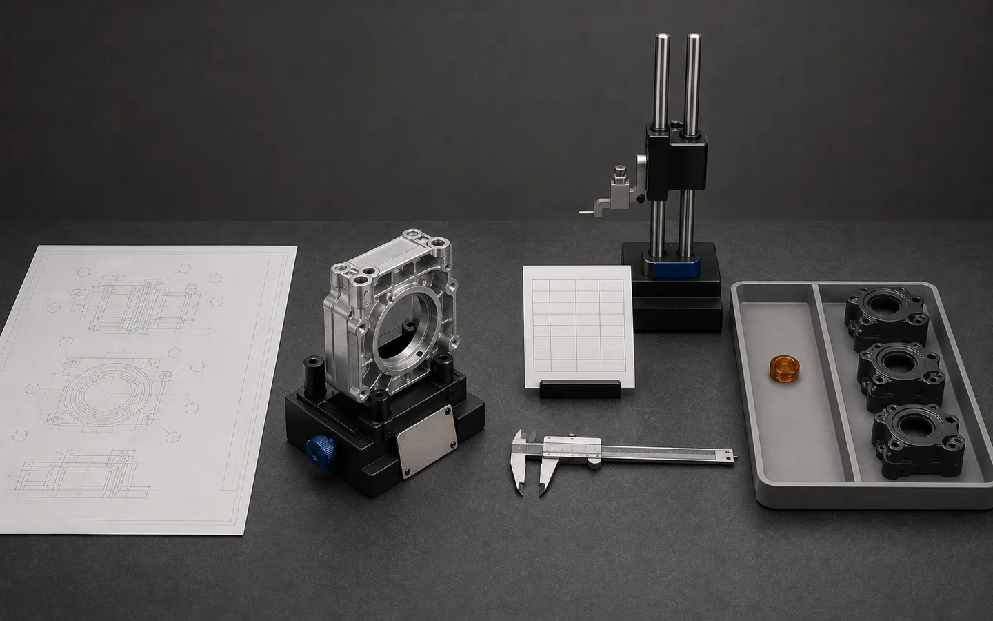 Generic drawing, fixture-mounted first sample, blank results grid, measuring tools, amber deviation token and repeat parts.