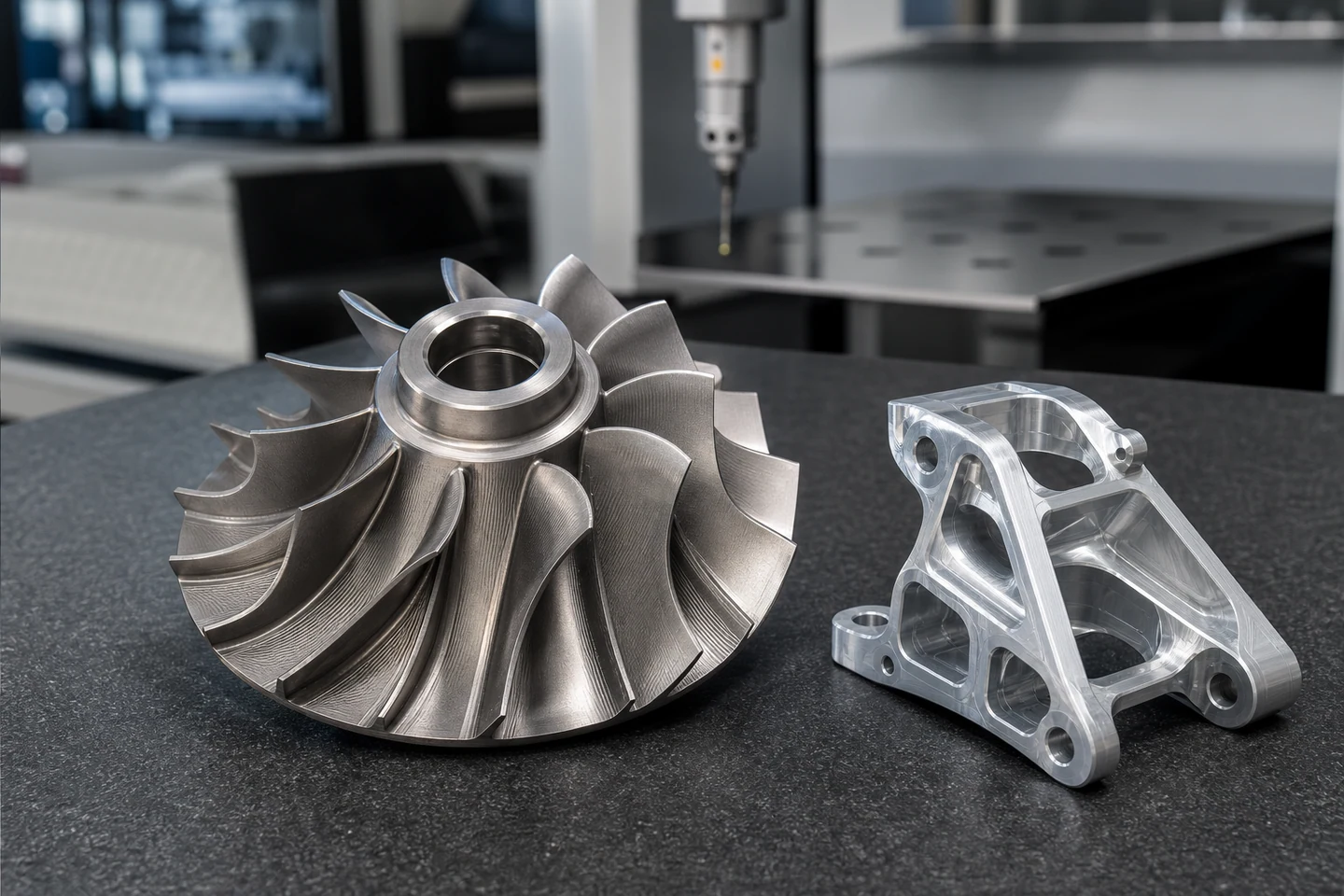 Five-axis-machined titanium impeller and lightweight aluminum bracket on a metrology table.