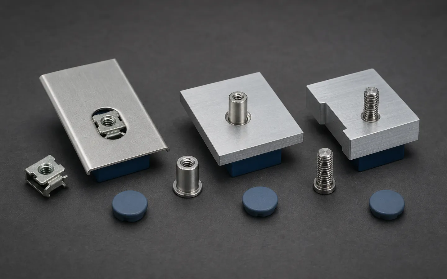 Captive nut, press-fit standoff and threaded stud shown loose and installed in generic sheet and machined coupons.