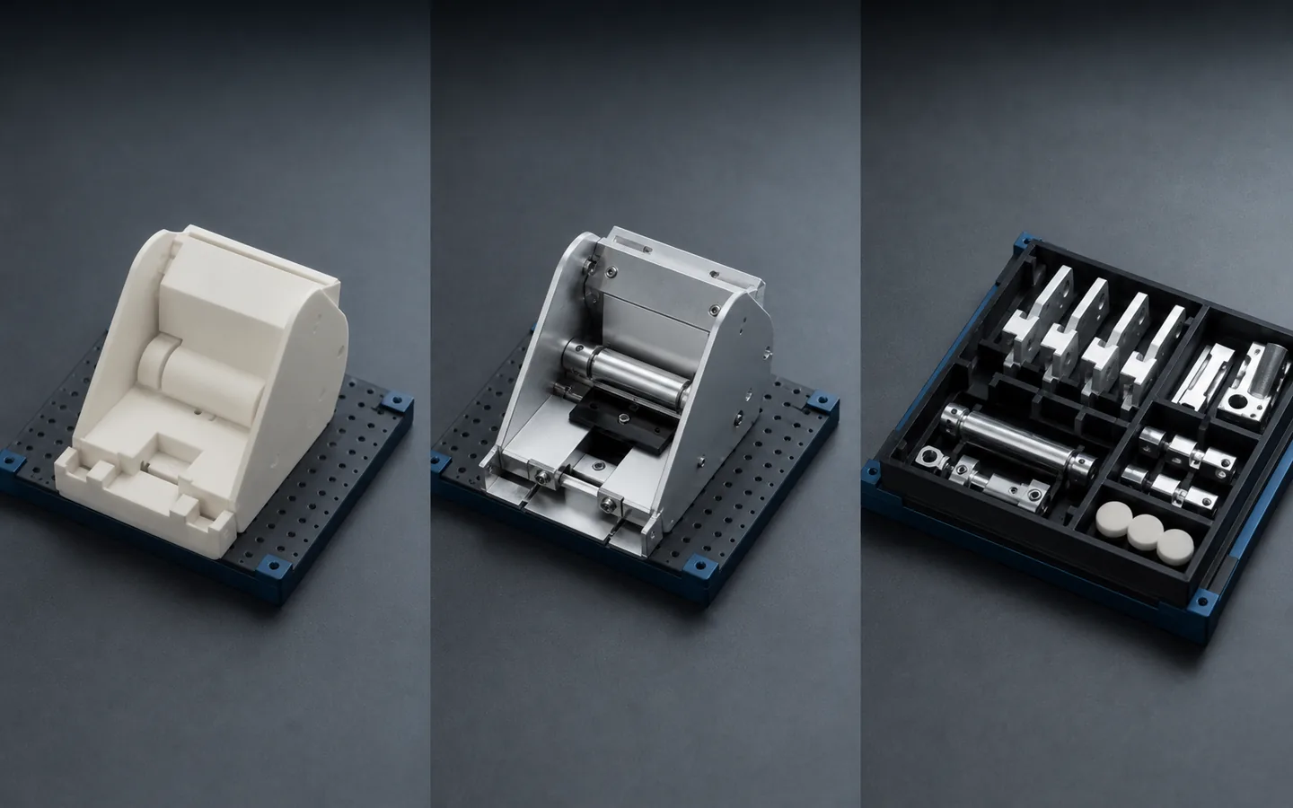 Three related hardware subsystem builds progress from a fit model to an engineering sample and an organized pilot component set.