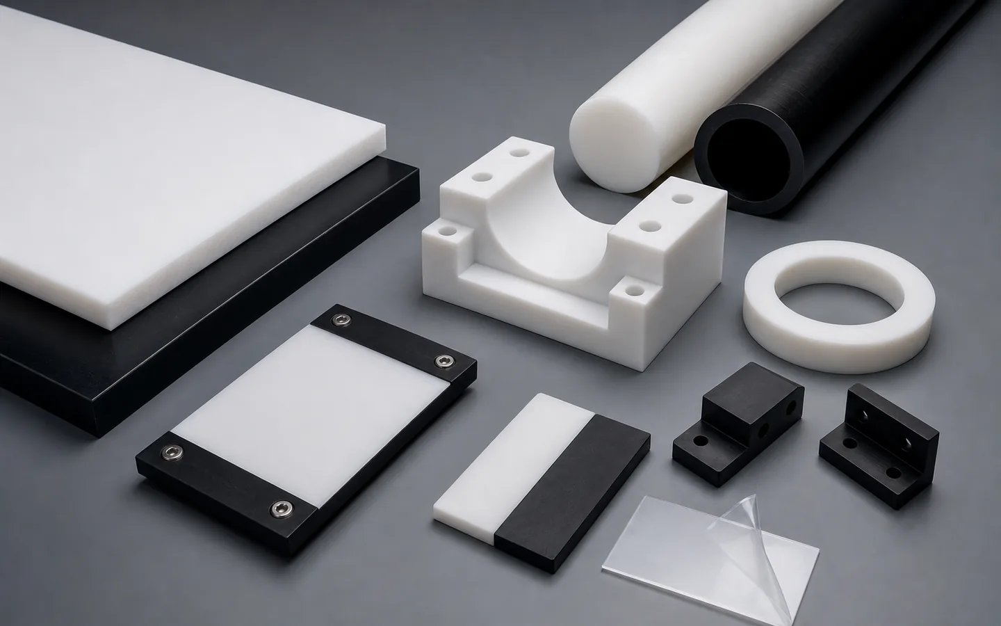 HDPE sheet, rod and tube sit beside machined guides, a panel assembly, support blocks and protected surfaces.