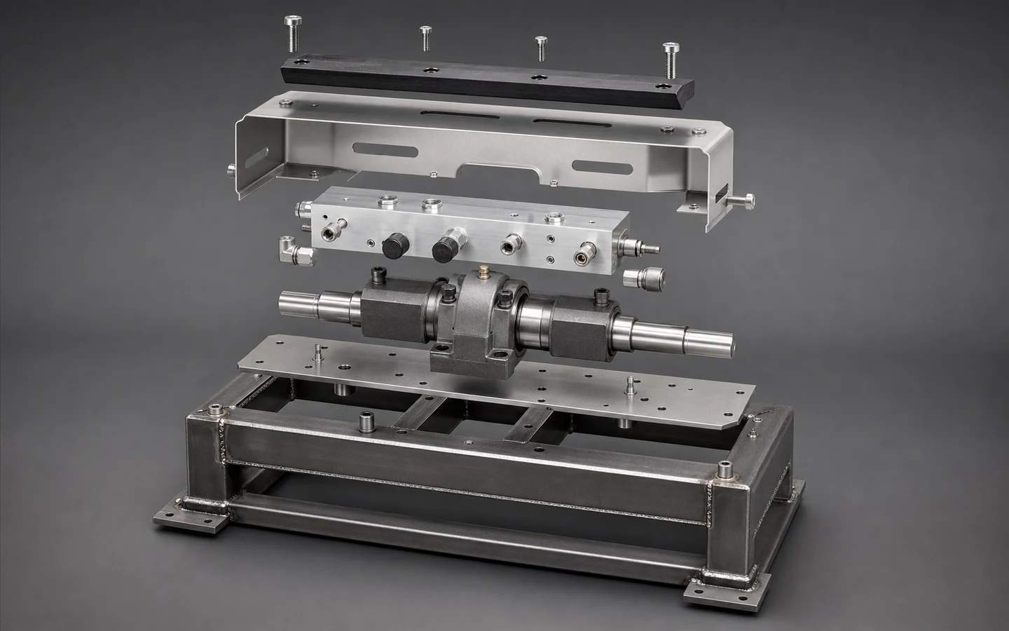 Bench-scale equipment module separated into welded frame, machined shaft and housing, capped manifold, folded guard and wear guide.