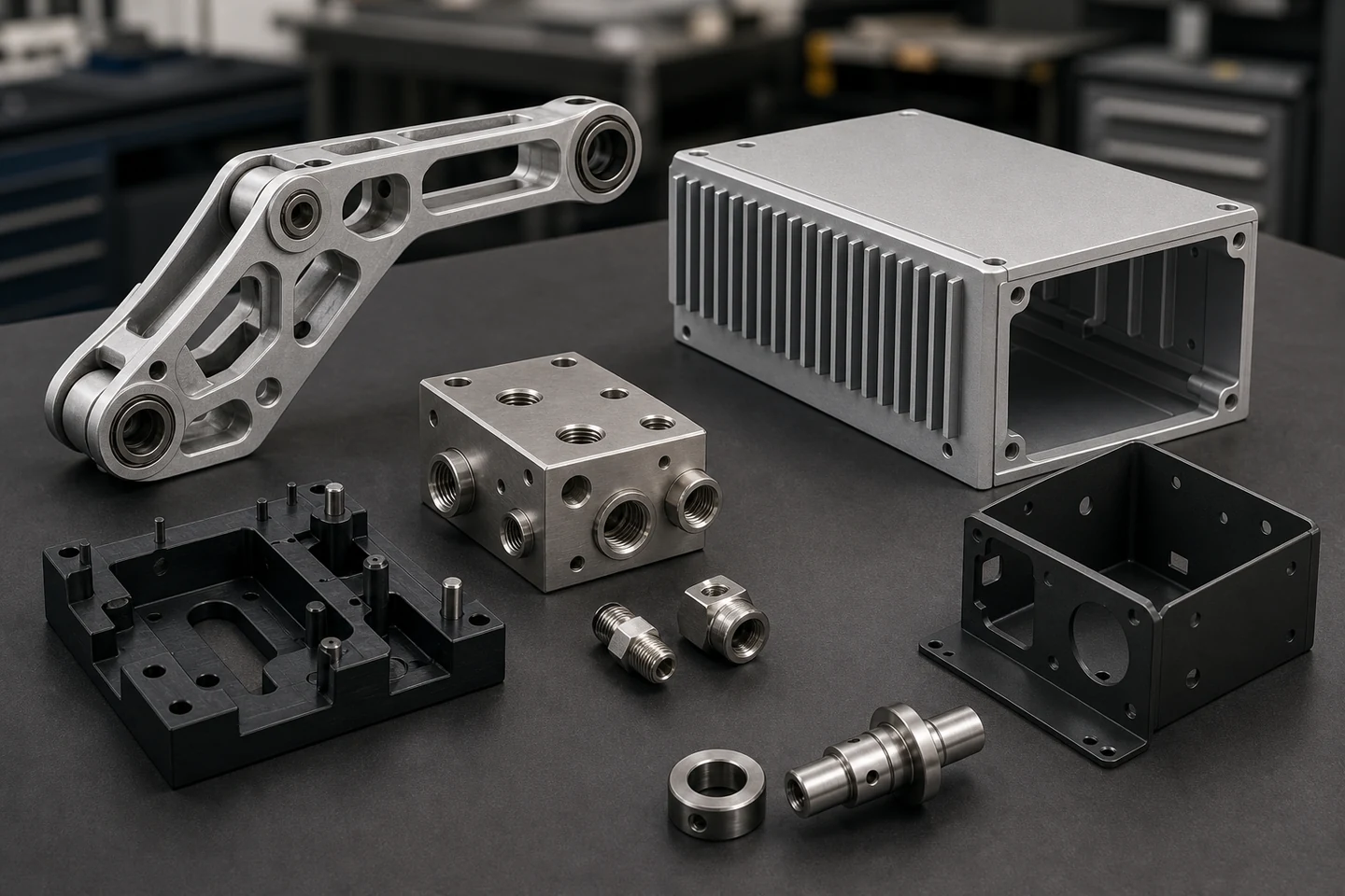 Robotics linkage, finned electronics enclosure, fluid manifold, automation fixture, chassis and turned components.
