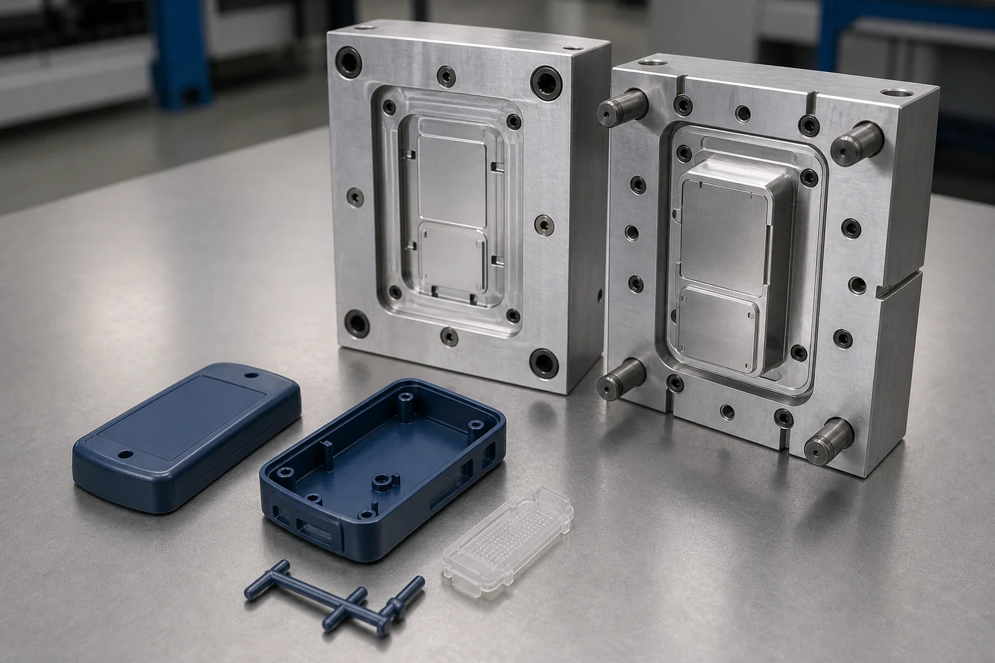 Open aluminum injection mold beside matching blue enclosure shells, a clear light pipe and runner sample.