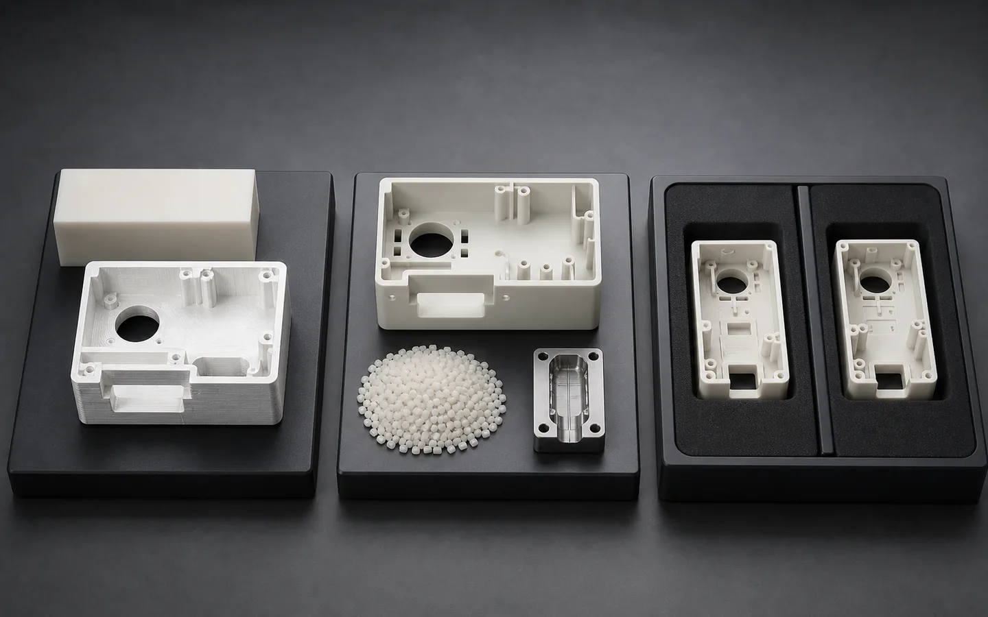 Matched plastic housings compare machined stock geometry, molded ribs and draft, and a staged transition with a neutral tool insert.
