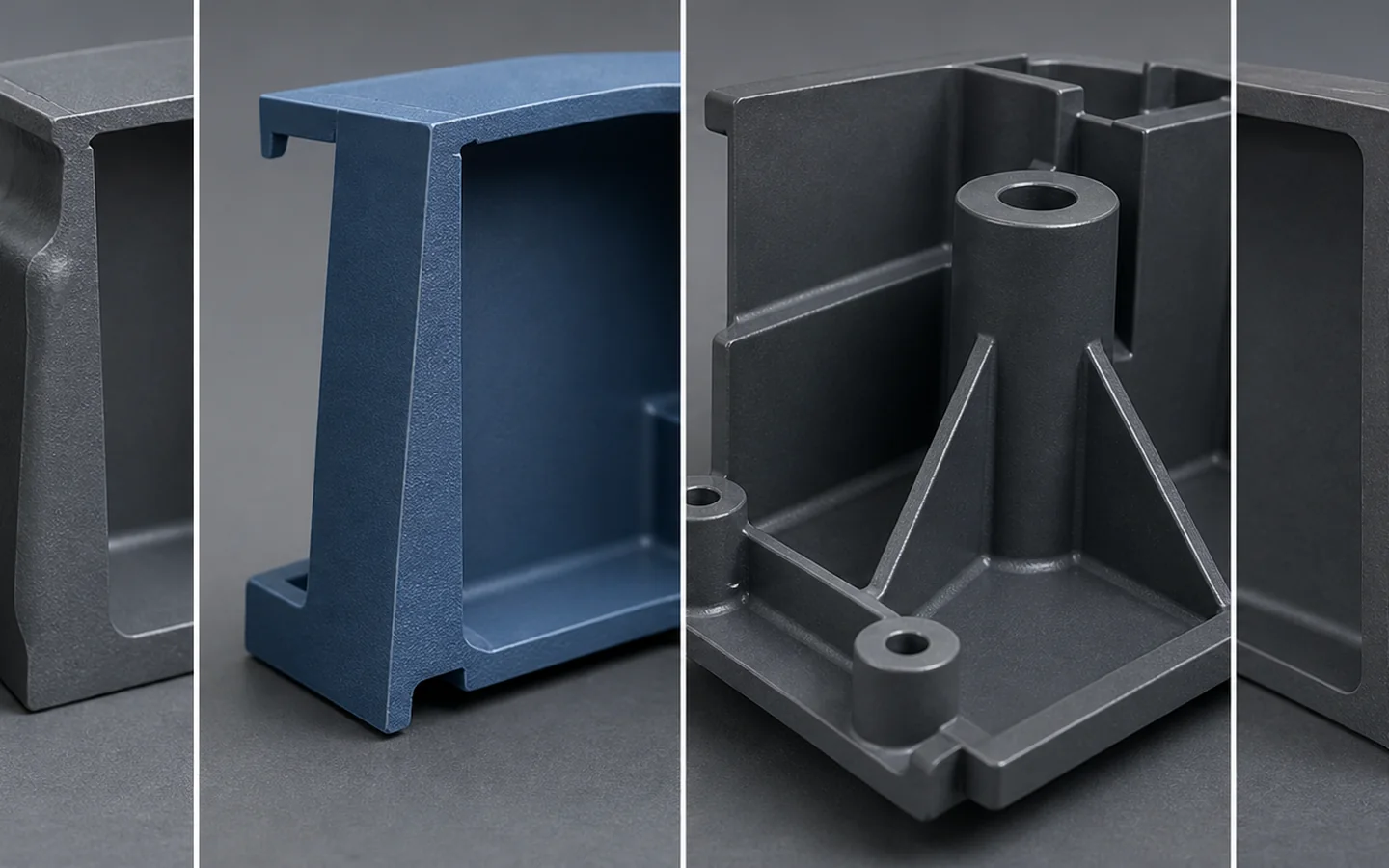 Four molded housing sections showing wall transitions, drafted textured walls, ribs and bosses, and an undercut with a side-action insert.