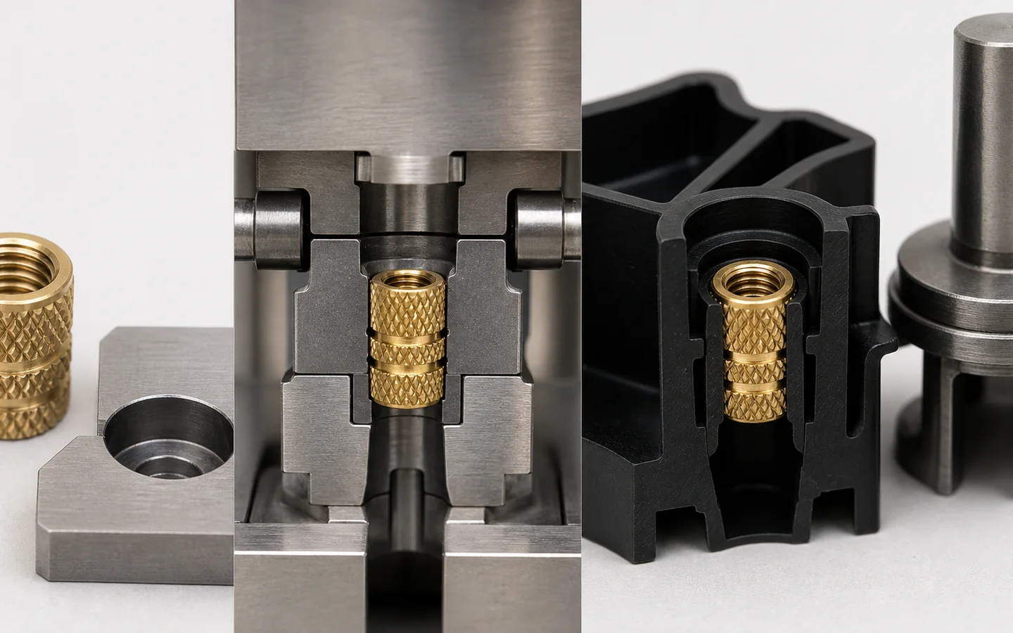 Knurled brass threaded insert shown before molding, located in a tool section and retained in a cutaway black polymer boss beside a neutral pull fixture.