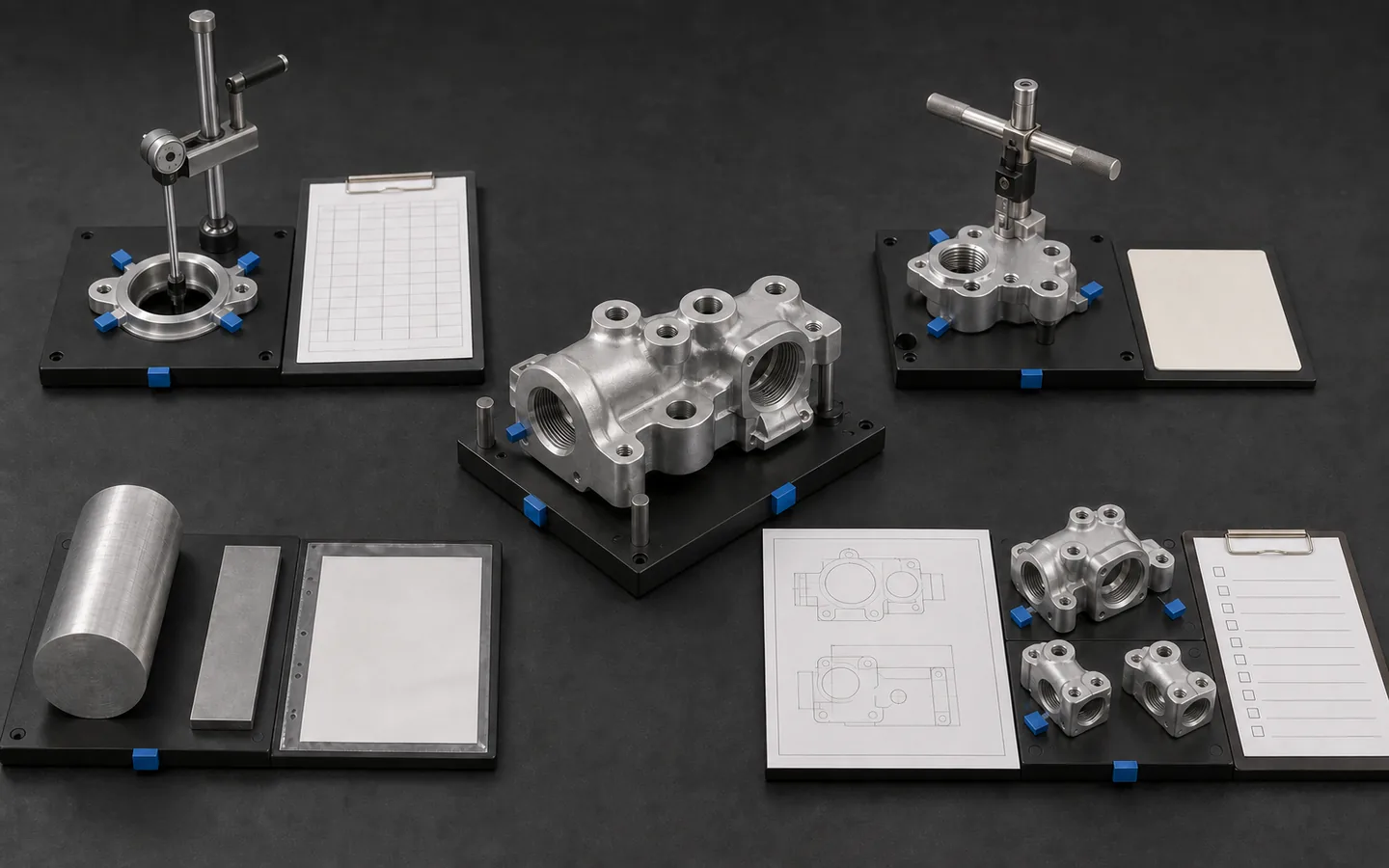 Machined manifold and matching samples arranged with gauges, blank record grids, material stock, drawing linework and checklist forms.