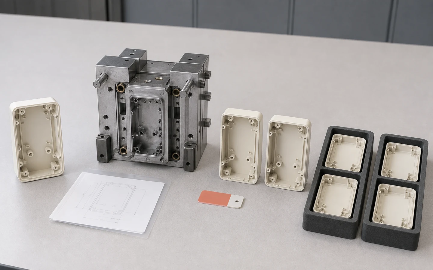 Low-volume injection molding program arranged from a housing concept and matching aluminum tool through first samples and organized repeat batches.