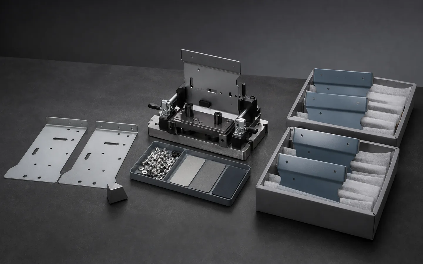 Matching sheet metal blanks, a repeat fixture, hardware, finish coupons and small protected part batches.