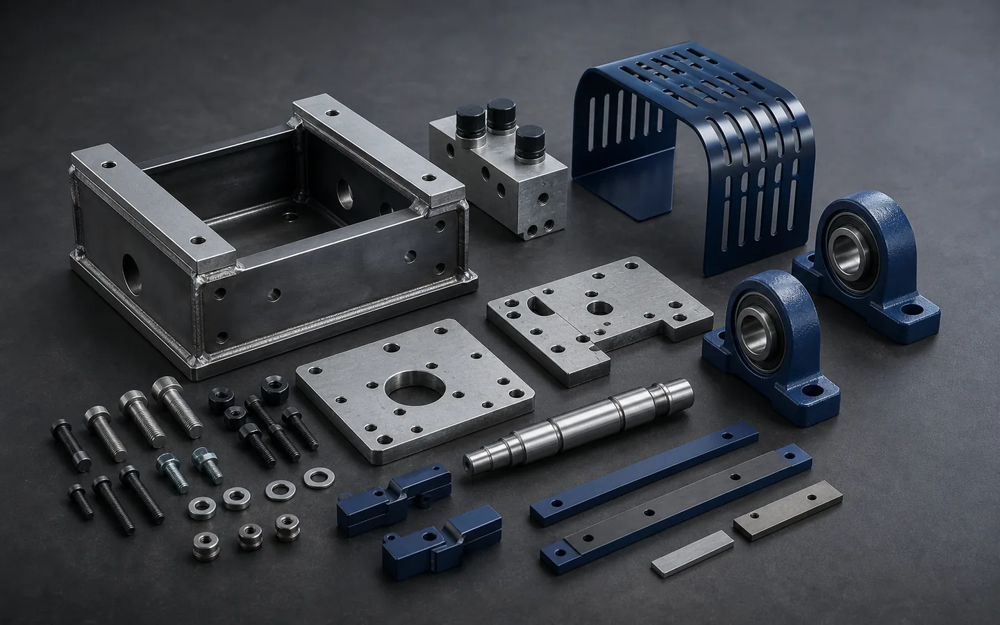 A welded base, bearing housings, machined plates, a sheet guard and a manifold form a generic machine subsystem component set.