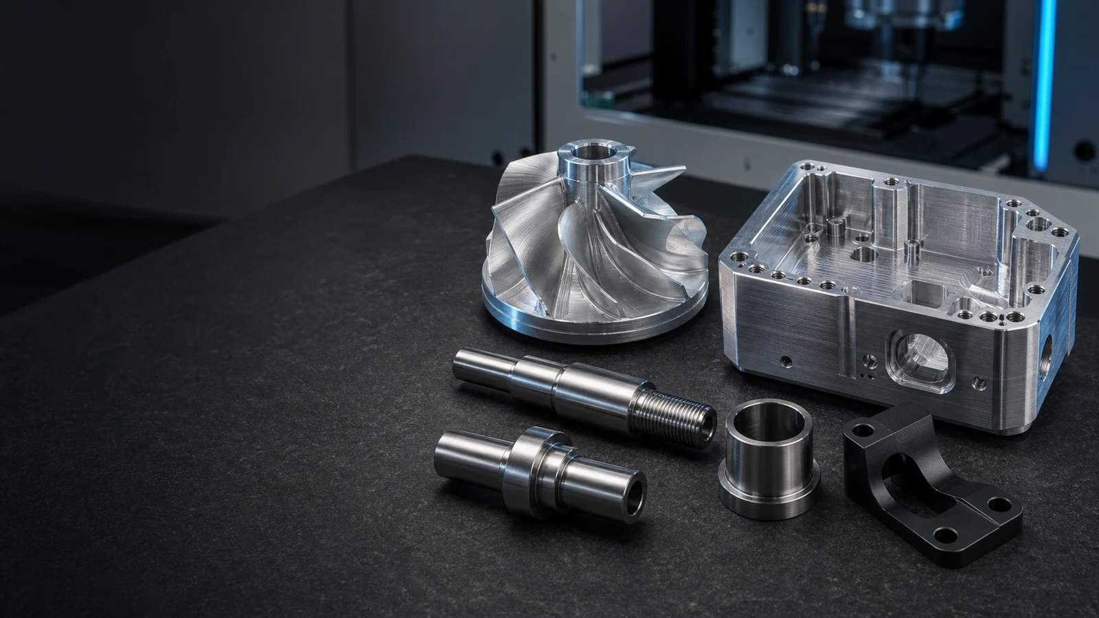 CNC-machined aluminum, stainless-steel and black-anodized components arranged on a dark inspection table.
