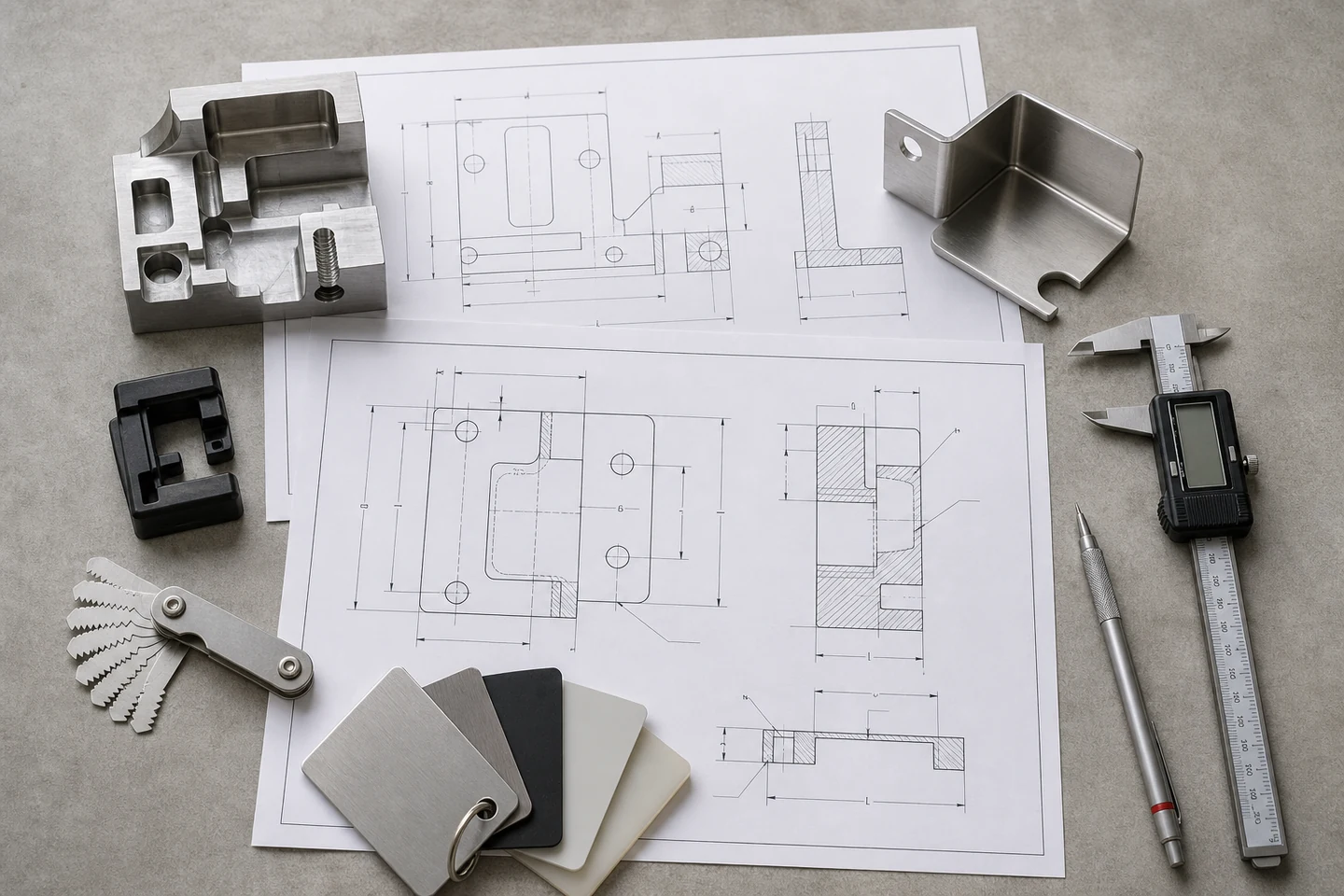 Engineering drawings with sectioned CNC and sheet-metal samples, caliper, thread gauge and material coupons.