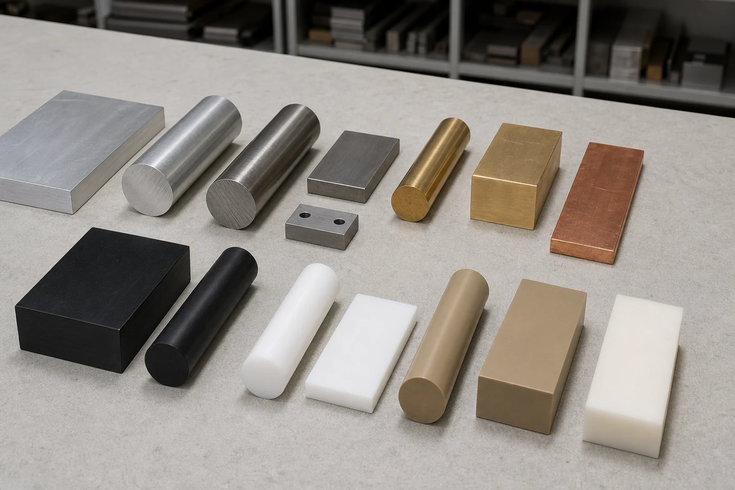 Metal and engineering-plastic stock samples including aluminum, steel, brass, copper, black polymer and white polymer.