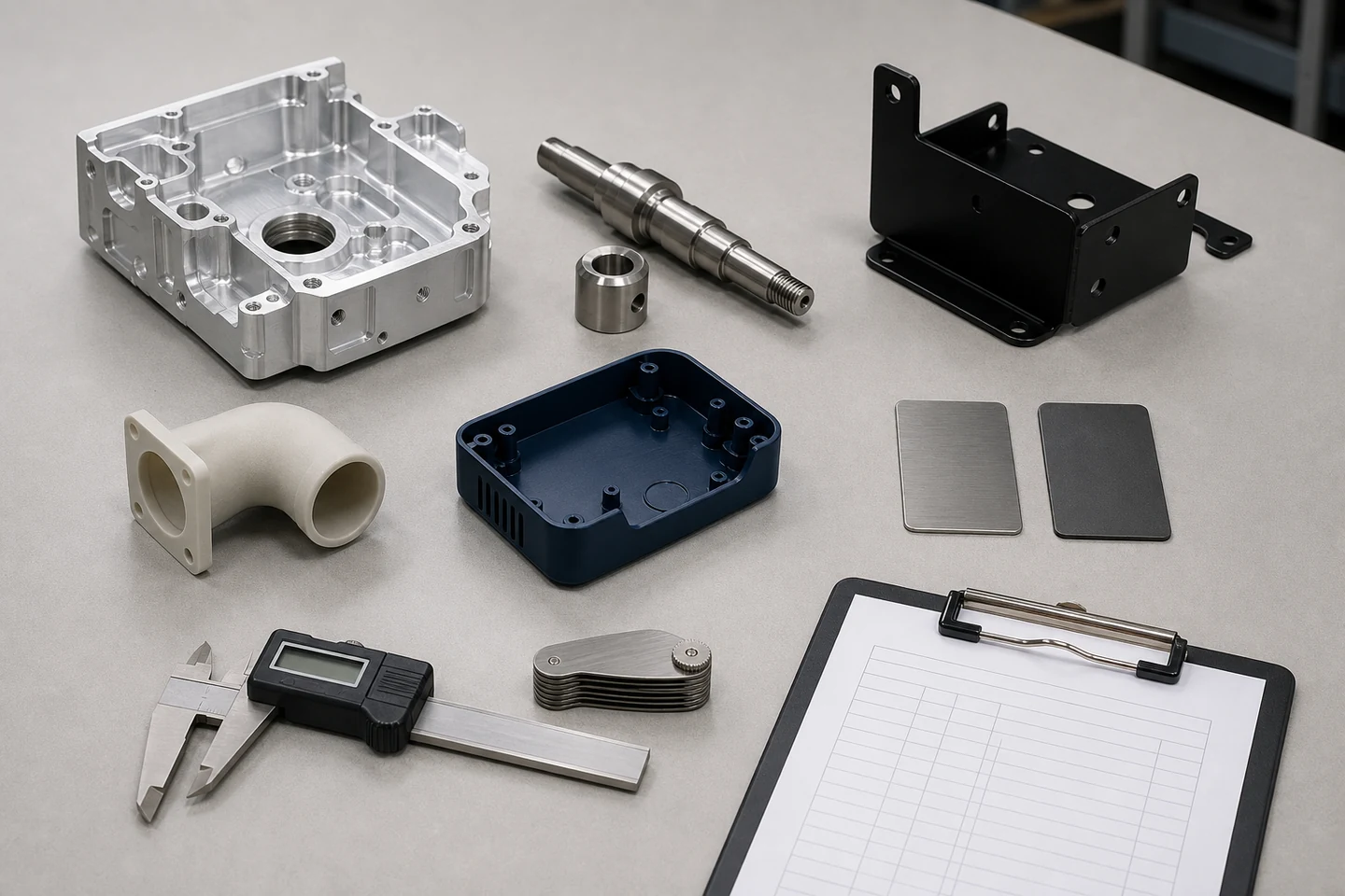 Mixed-process manufacturing parts arranged with a caliper, thread gauge, finish coupons and capability worksheet.