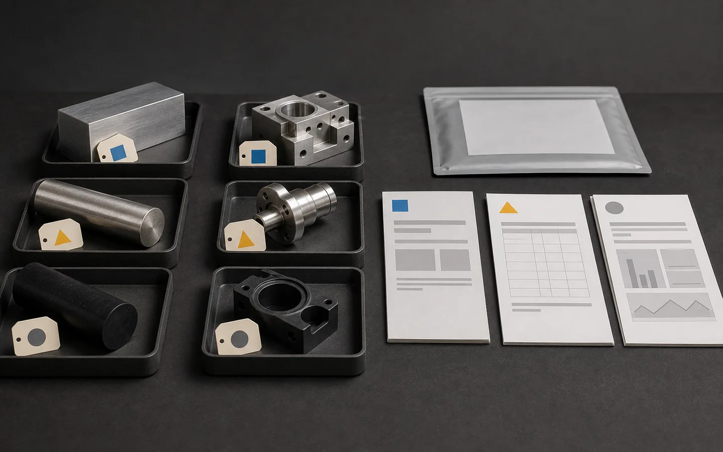 Tagged metal and polymer stock link to matching finished parts and three generic unreadable material record sheets.