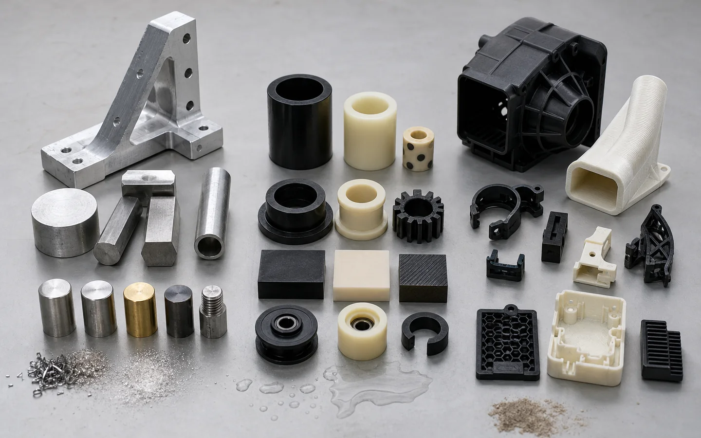 Metal stock and machined bracket, engineering-plastic stock and wear parts, and molded or printed polymer components grouped on an inspection table.