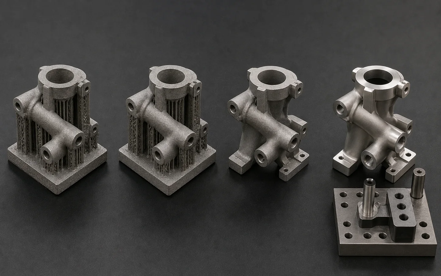 The same metal manifold shown supported, stress-relieved, support-removed and fully finished with machined datums and threaded ports.