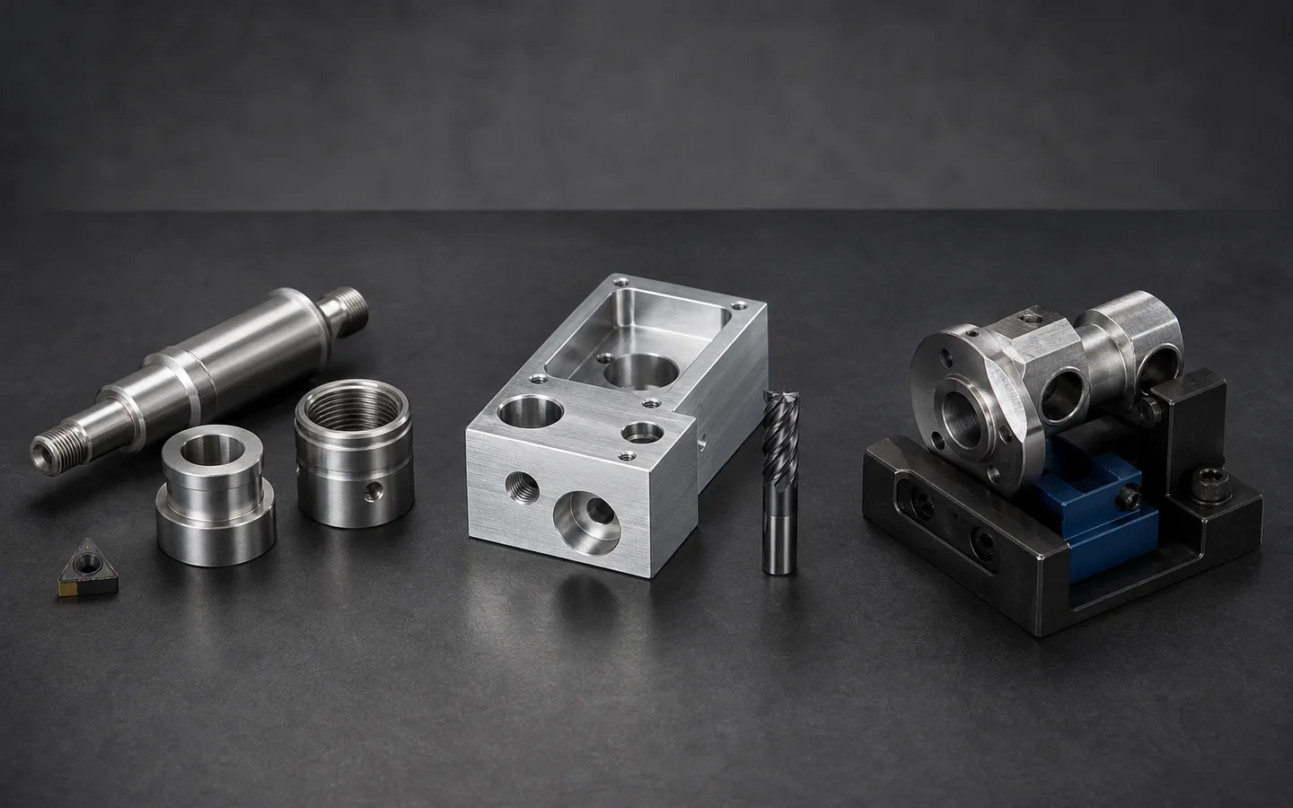 Turned shafts and bushings, a pocketed milled block and a mixed-feature flange held in a transfer fixture.
